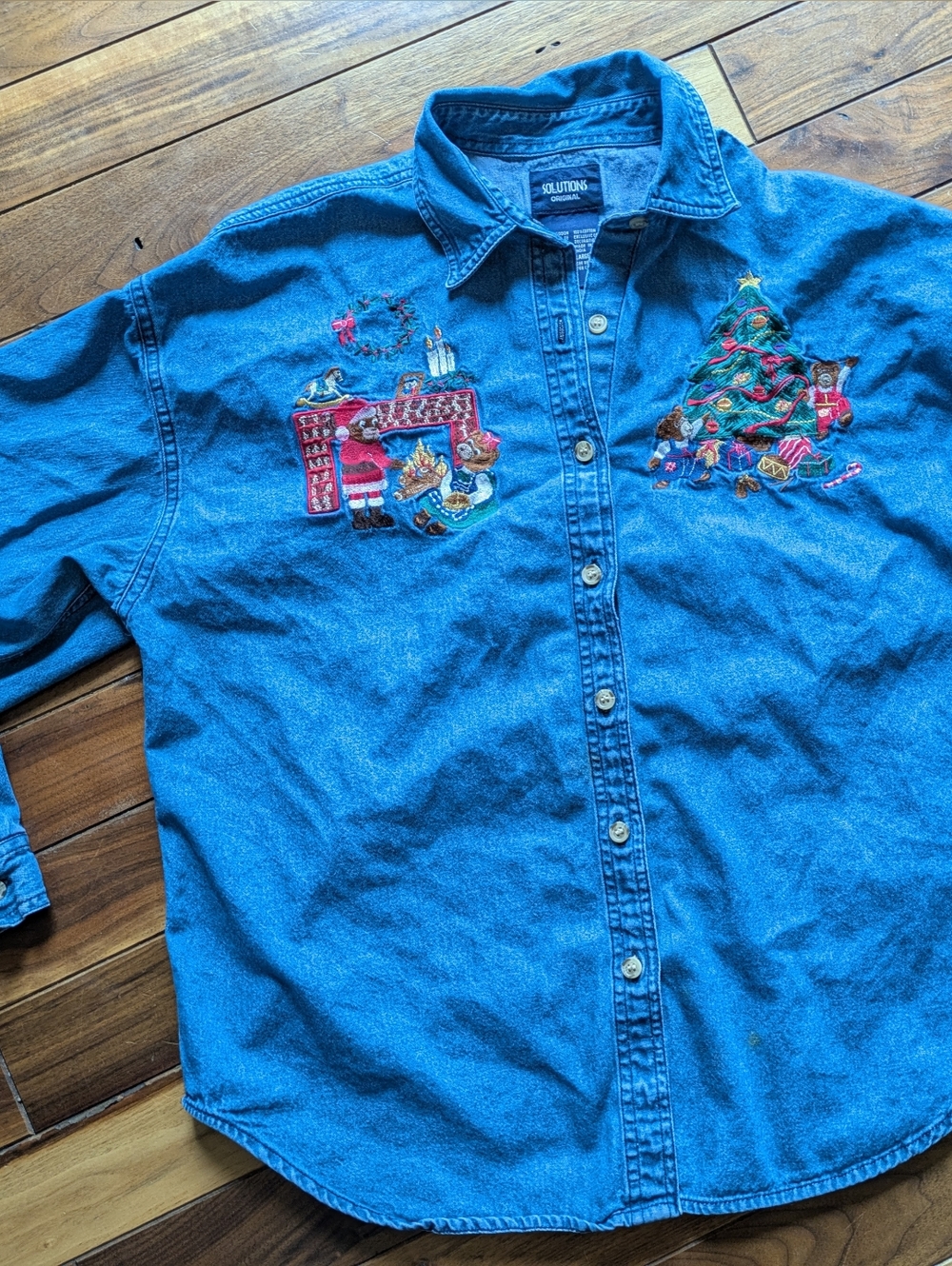 Women's Vintage Grandma Core denim Holiday Shirt with Embroidered Christmas